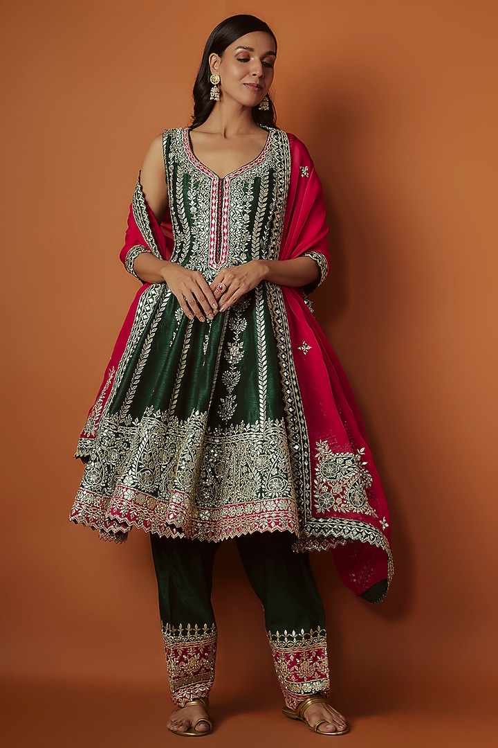 Green Slub Silk Mirror Embroidered Short Wedding Anarkali Set by Suhino at Pernia's Pop Up Shop