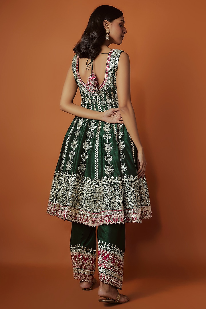 Green Slub Silk Mirror Embroidered Short Wedding Anarkali Set by Suhino at Pernia's Pop Up Shop