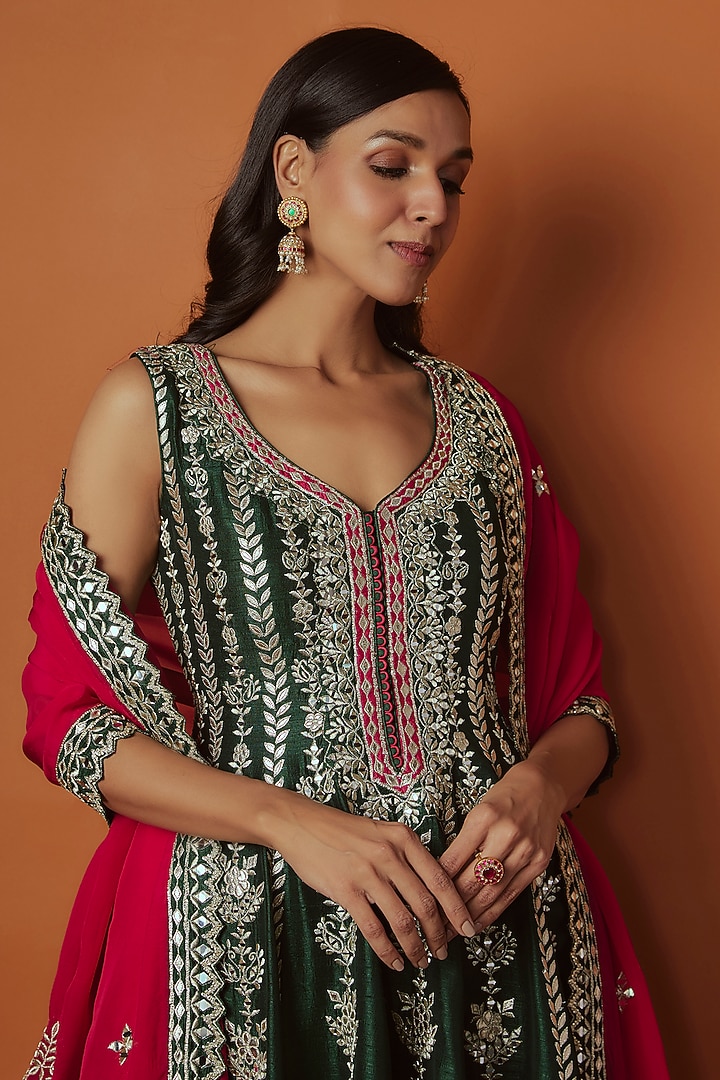 Green Slub Silk Mirror Embroidered Short Wedding Anarkali Set by Suhino at Pernia's Pop Up Shop