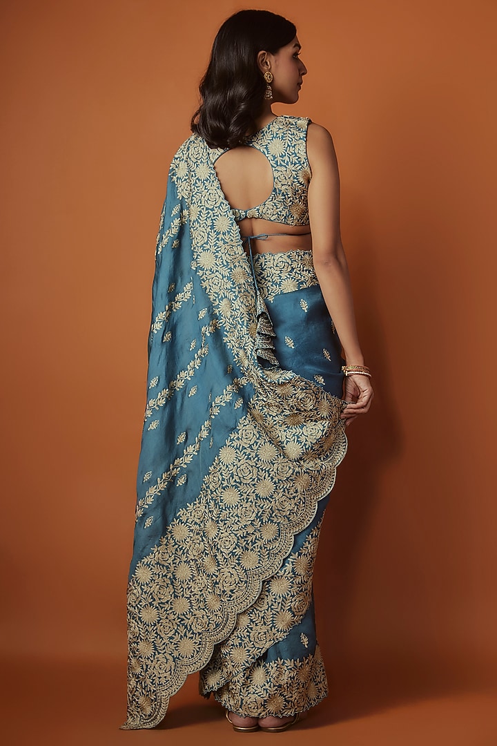 Teal Organza Aari Work Wedding Saree Set by Suhino at Pernia's Pop Up Shop