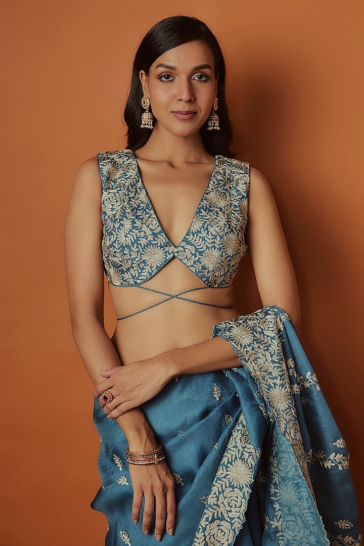 Teal Organza Aari Work Wedding Saree Set by Suhino at Pernia's Pop Up Shop