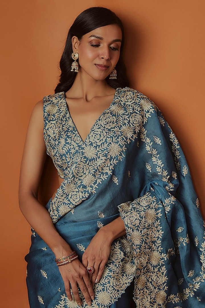 Teal Organza Aari Work Wedding Saree Set by Suhino at Pernia's Pop Up Shop