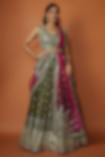 Green Slub Silk Mirror Embroidered Wedding Lehenga Set by Suhino at Pernia's Pop Up Shop