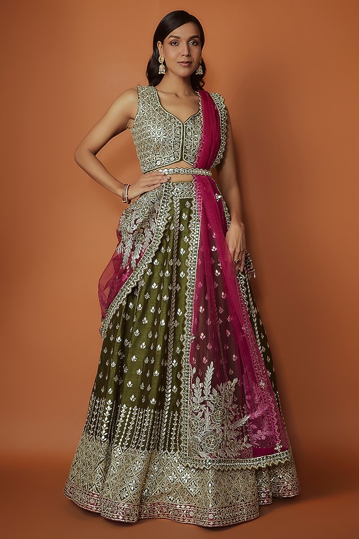 Green Slub Silk Mirror Embroidered Wedding Lehenga Set by Suhino at Pernia's Pop Up Shop