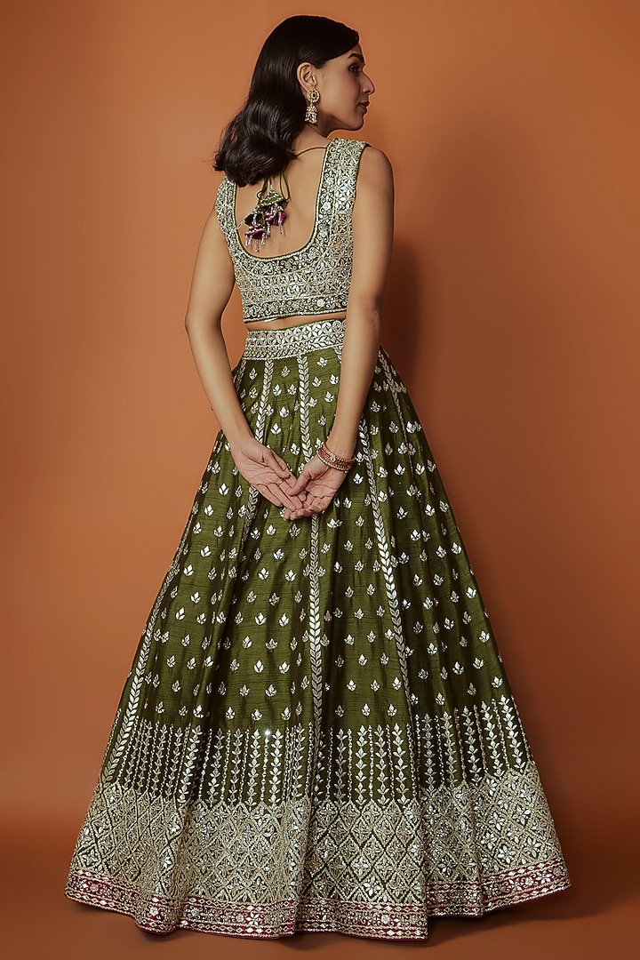 Green Slub Silk Mirror Embroidered Wedding Lehenga Set by Suhino at Pernia's Pop Up Shop