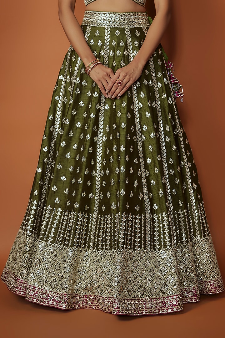 Green Slub Silk Mirror Embroidered Wedding Lehenga Set by Suhino at Pernia's Pop Up Shop