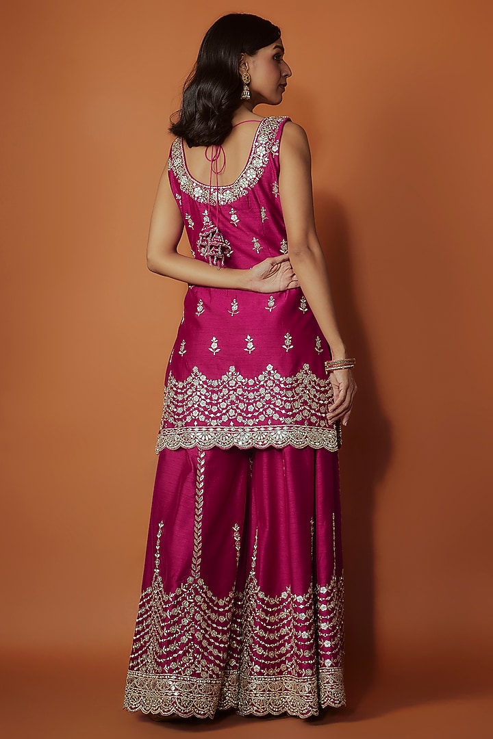 Rani Pink Slub Silk Zari Embroidered Wedding Sharara Set by Suhino at Pernia's Pop Up Shop
