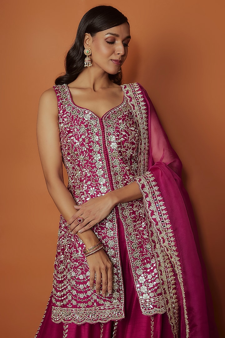 Rani Pink Slub Silk Zari Embroidered Wedding Sharara Set by Suhino at Pernia's Pop Up Shop