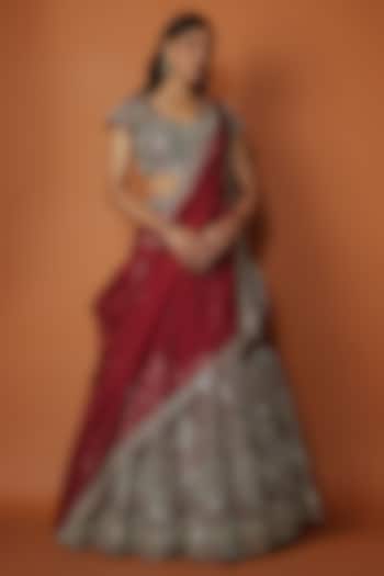 Maroon Slub Silk Mirror Embroidered Wedding Lehenga Set by Suhino at Pernia's Pop Up Shop