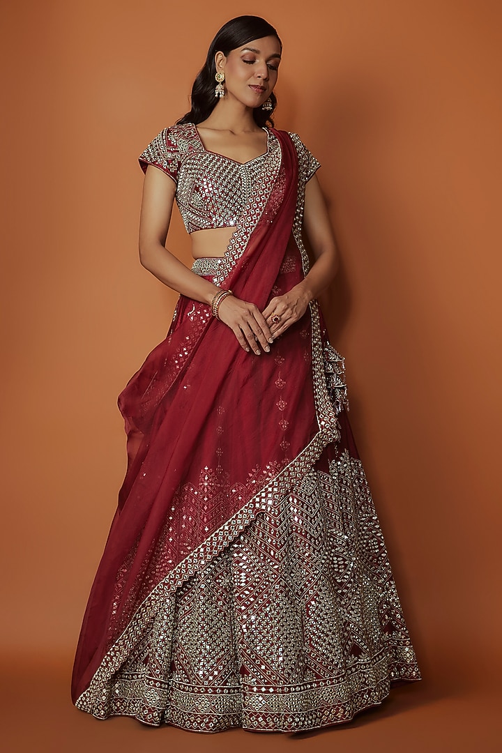 Maroon Slub Silk Mirror Embroidered Wedding Lehenga Set by Suhino at Pernia's Pop Up Shop