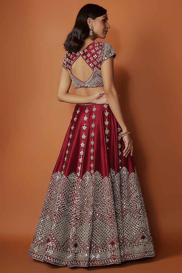 Maroon Slub Silk Mirror Embroidered Wedding Lehenga Set by Suhino at Pernia's Pop Up Shop