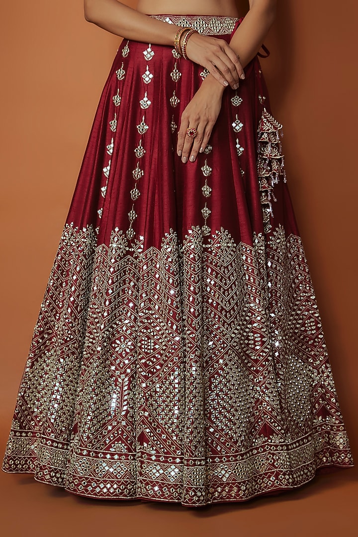 Maroon Slub Silk Mirror Embroidered Wedding Lehenga Set by Suhino at Pernia's Pop Up Shop
