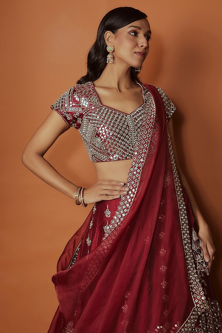 Maroon Slub Silk Mirror Embroidered Wedding Lehenga Set by Suhino at Pernia's Pop Up Shop