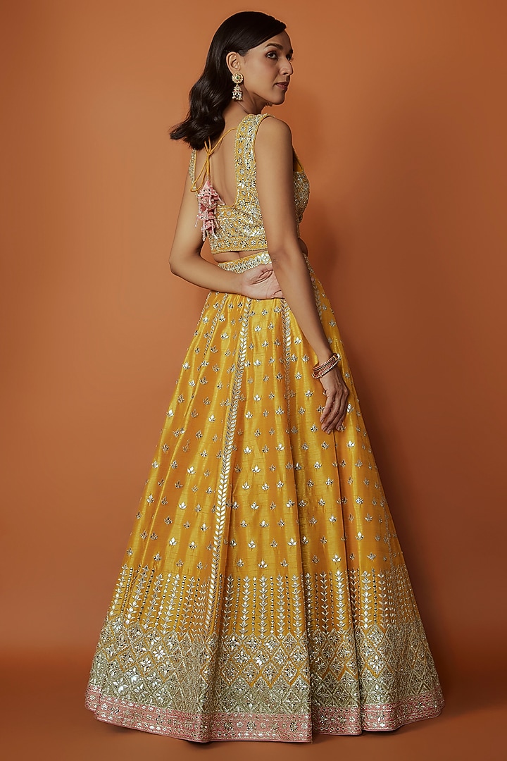 Yellow Slub Silk Mirror Embroidered Wedding Lehenga Set by Suhino at Pernia's Pop Up Shop