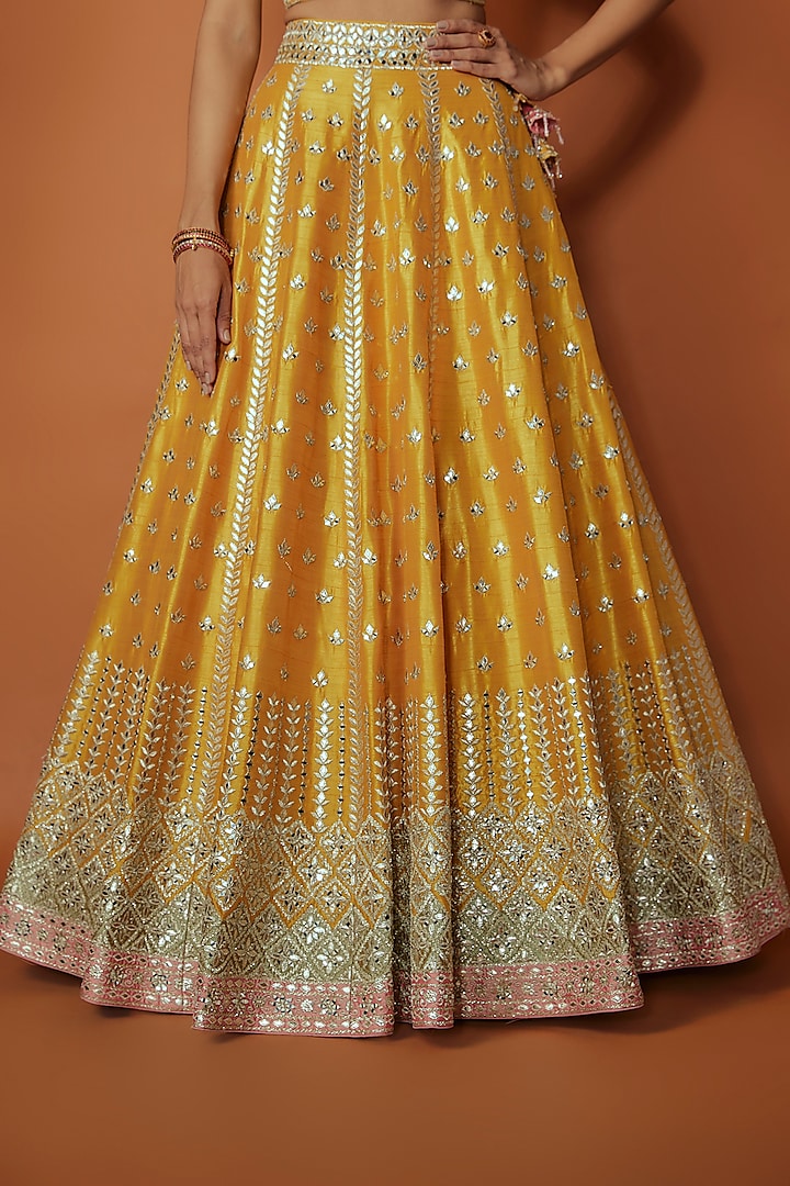 Yellow Slub Silk Mirror Embroidered Wedding Lehenga Set by Suhino at Pernia's Pop Up Shop