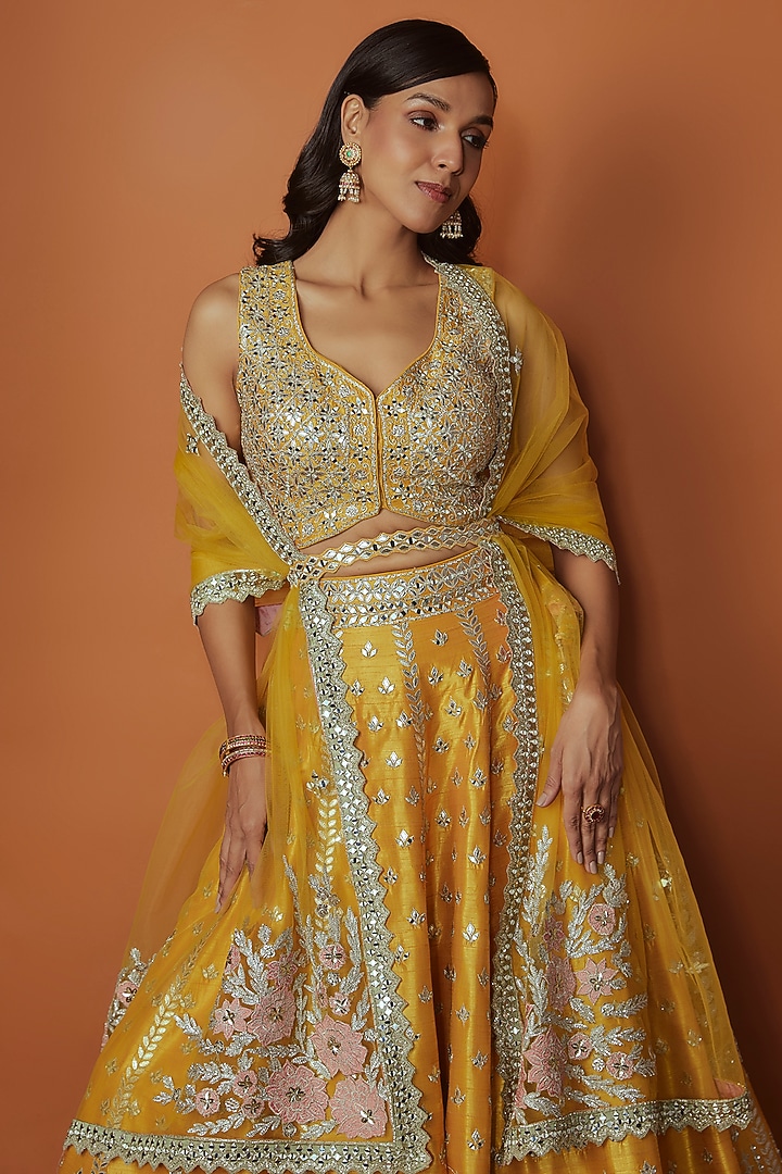 Yellow Slub Silk Mirror Embroidered Wedding Lehenga Set by Suhino at Pernia's Pop Up Shop