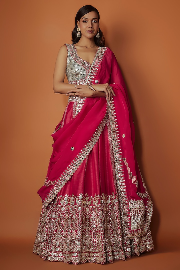 Pink Slub Silk Mirror Embroidered Wedding Lehenga Set by Suhino at Pernia's Pop Up Shop