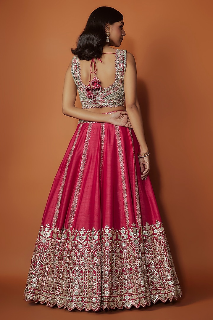 Pink Slub Silk Mirror Embroidered Wedding Lehenga Set by Suhino at Pernia's Pop Up Shop