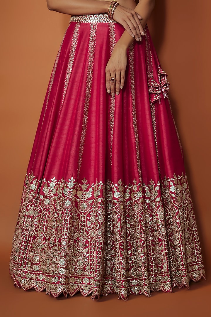 Pink Slub Silk Mirror Embroidered Wedding Lehenga Set by Suhino at Pernia's Pop Up Shop