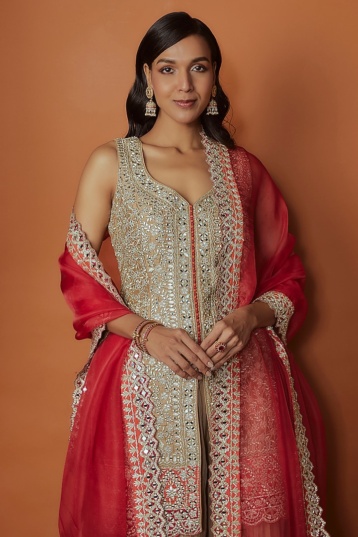 Beige Georgette Zari Embroidered Wedding Sharara Set by Suhino at Pernia's Pop Up Shop