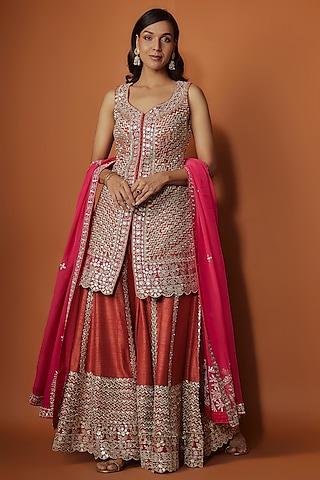 Rust Slub Silk Zari Embroidered Sharara Set by Suhino