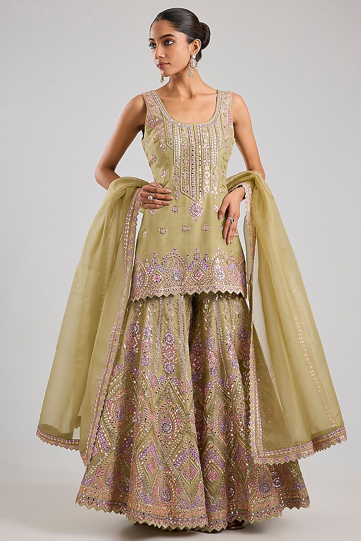 Green Tissue Resham & Mirror Embroidered Gharara Set by Suhino at Pernia's Pop Up Shop