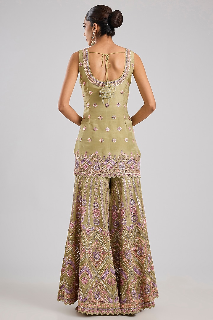 Green Tissue Resham & Mirror Embroidered Gharara Set by Suhino at Pernia's Pop Up Shop