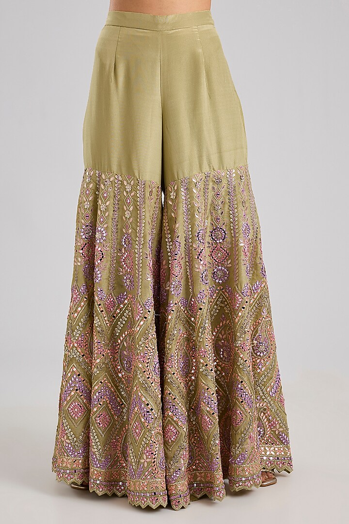 Green Tissue Resham & Mirror Embroidered Gharara Set by Suhino at Pernia's Pop Up Shop
