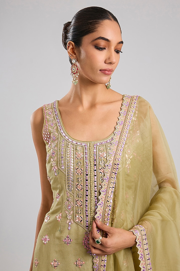 Green Tissue Resham & Mirror Embroidered Gharara Set by Suhino at Pernia's Pop Up Shop