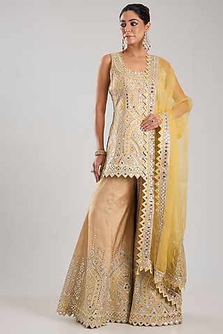Champagne Slub Silk Embroidered Sharara Set by Suhino