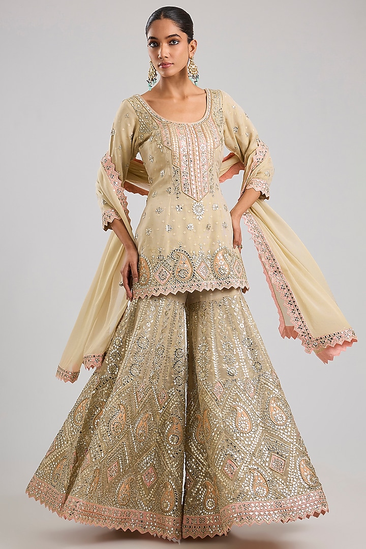 Ivory Tissue Patch & Mirror Embroidered Wedding Sharara Set by Suhino at Pernia's Pop Up Shop