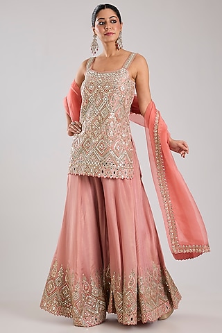 Pink Tissue Embroidered Sharara Set by Suhino