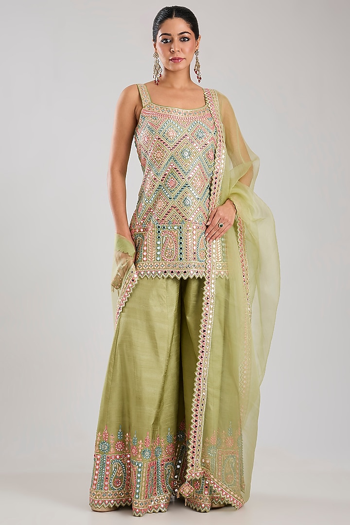 Green Tissue Embroidered Wedding Sharara Set by Suhino at Pernia's Pop Up Shop