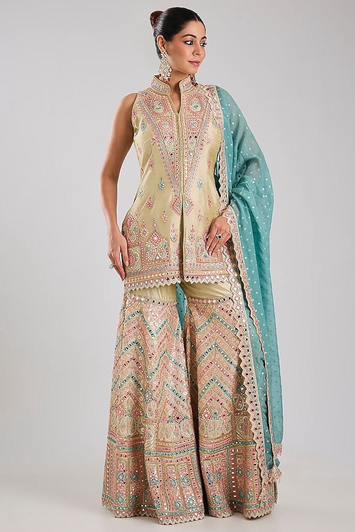 Dusty Green Tissue Embroidered Wedding Sharara Set by Suhino at Pernia's Pop Up Shop