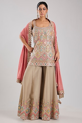 Grey Tissue Embroidered Sharara Set by Suhino
