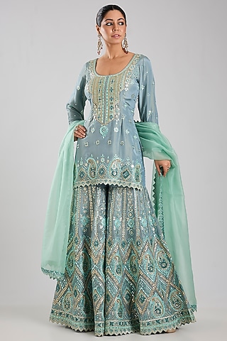 Blue Tissue Embroidered Gharara Set by Suhino