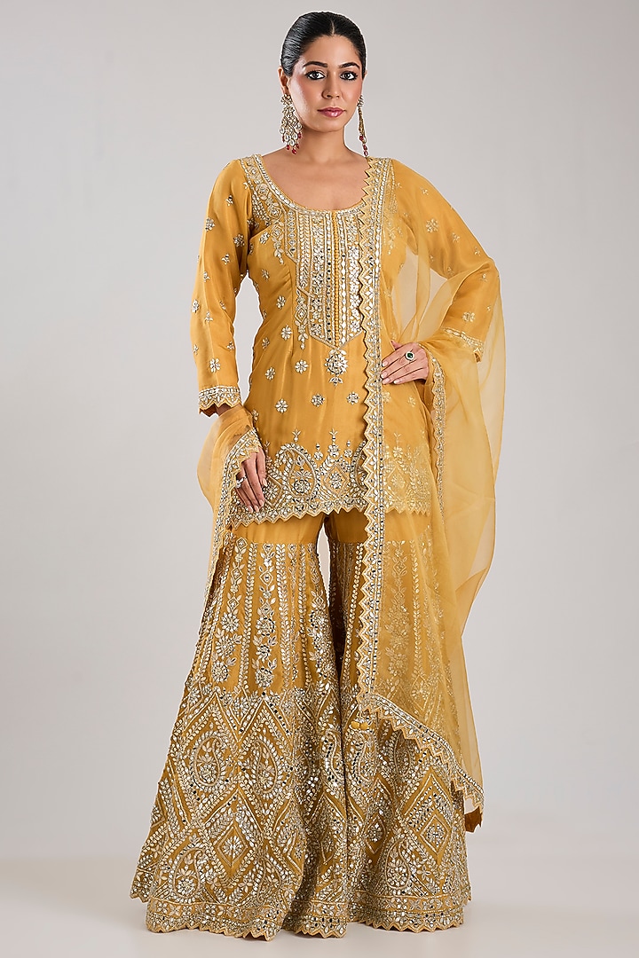 Yellow Tissue Embroidered Gharara Set by Suhino at Pernia's Pop Up Shop