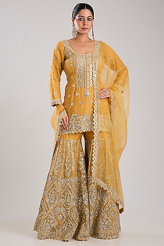 Yellow Tissue Embroidered Gharara Set by Suhino