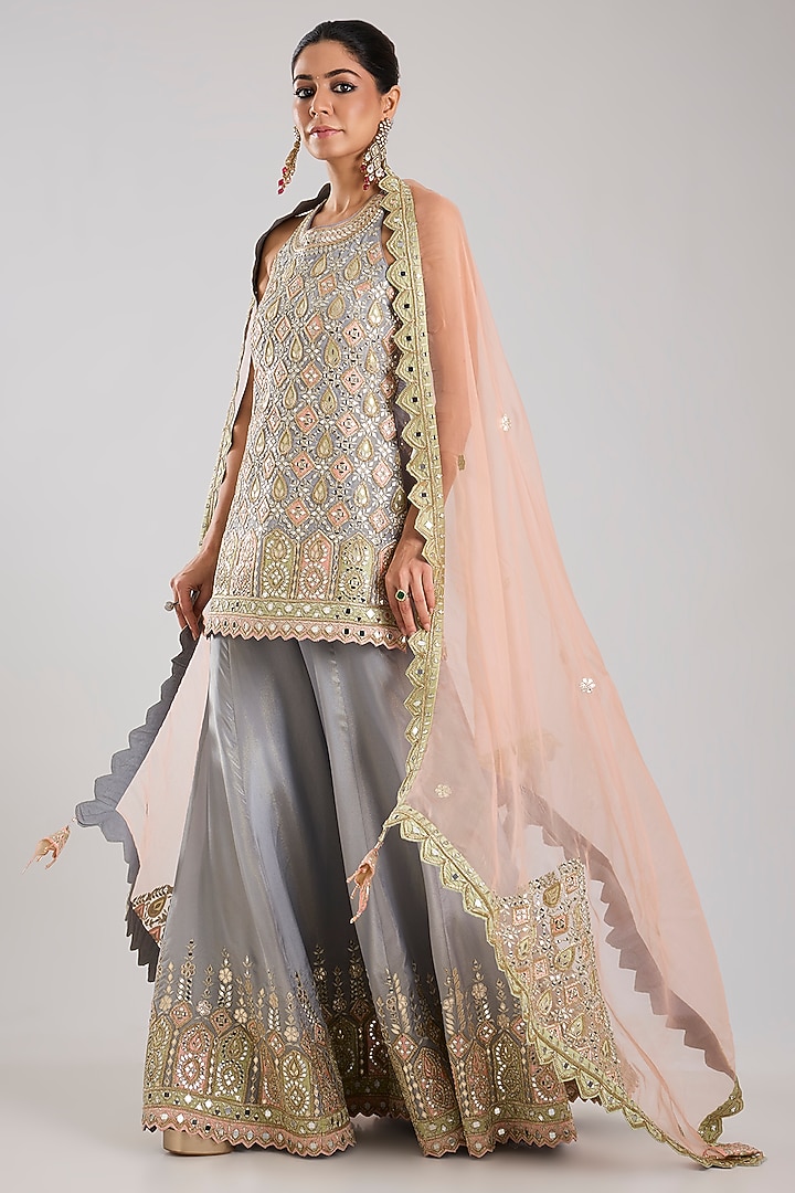 Grey Tissue Embroidered Wedding Sharara Set by Suhino at Pernia's Pop Up Shop