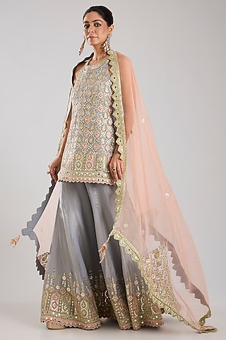 Grey Tissue Embroidered Sharara Set by Suhino
