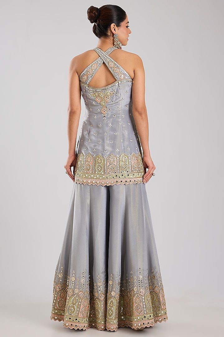Grey Tissue Embroidered Wedding Sharara Set by Suhino at Pernia's Pop Up Shop