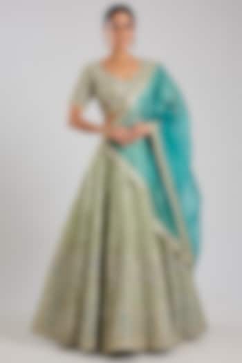 Green Tissue Embroidered Wedding Lehenga Set by Suhino at Pernia's Pop Up Shop