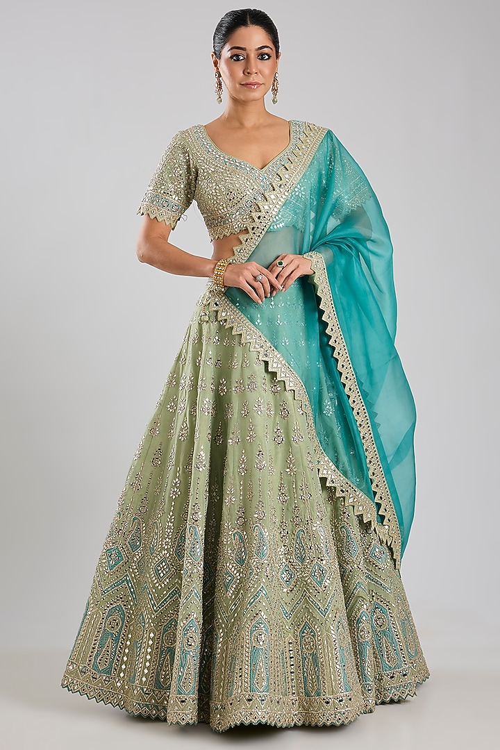 Green Tissue Embroidered Wedding Lehenga Set by Suhino at Pernia's Pop Up Shop
