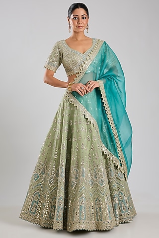 Green Tissue Embroidered Lehenga Set by Suhino