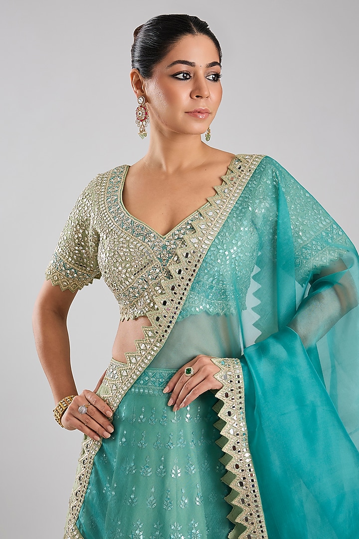 Green Tissue Embroidered Wedding Lehenga Set by Suhino at Pernia's Pop Up Shop