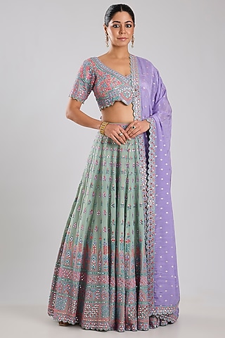 Green Tissue Embroidered Lehenga Set by Suhino