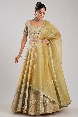 Green Tissue Embroidered Lehenga Set by Suhino