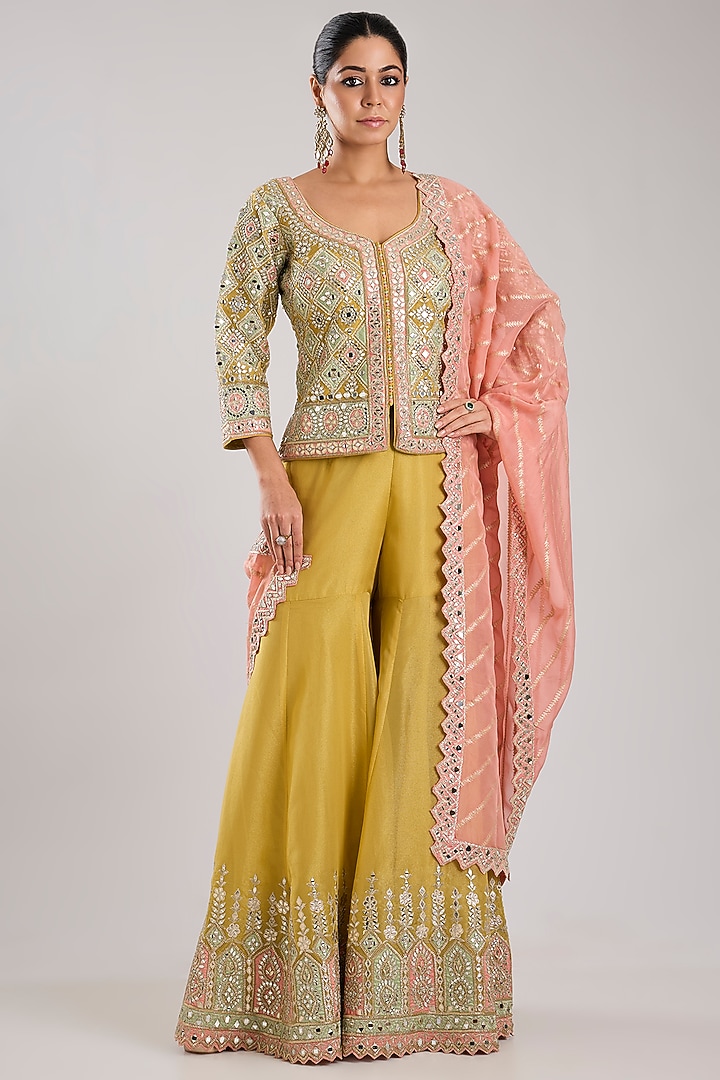 Yellow Tissue Embroidered Gharara Set by Suhino at Pernia's Pop Up Shop