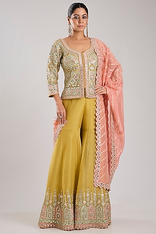 Yellow Tissue Embroidered Gharara Set by Suhino