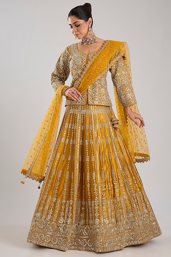 Yellow Slub Silk Embroidered Wedding Lehenga Set by Suhino at Pernia's Pop Up Shop